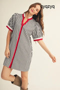Red White & Black Striped Dress - Mini Dress
