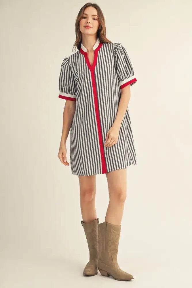 Red White & Black Striped Dress - Mini Dress