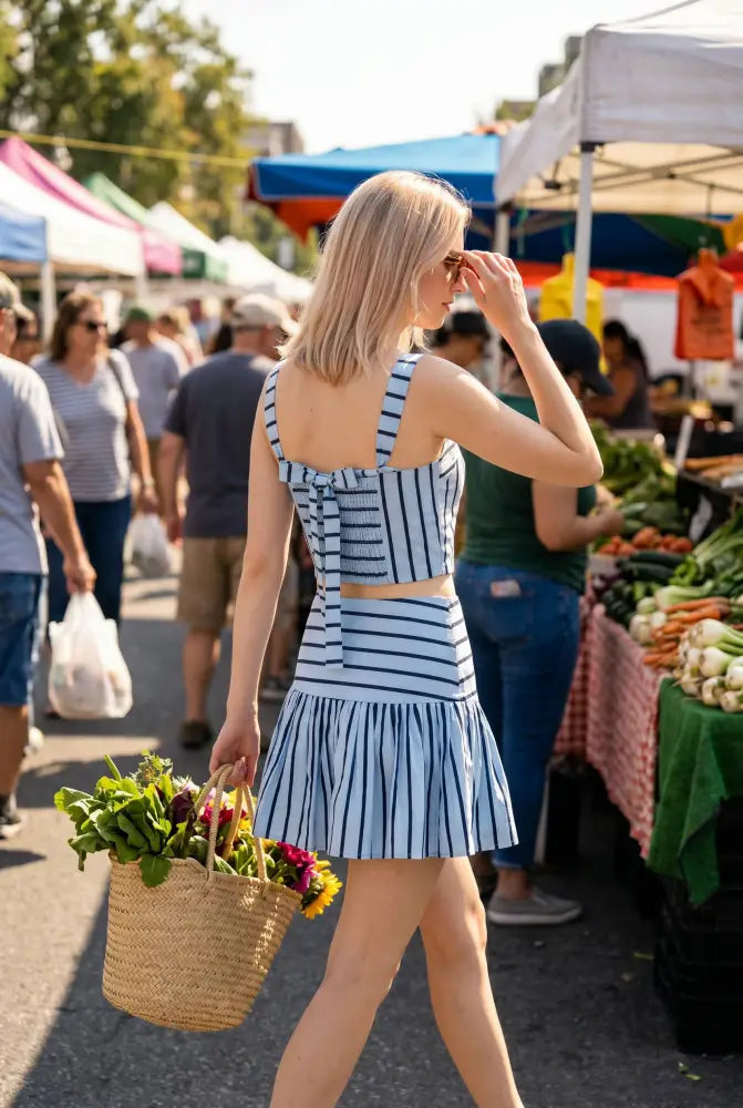 Stripe Crop Top & Ruffle Mini Skirt Set - Mini Dress